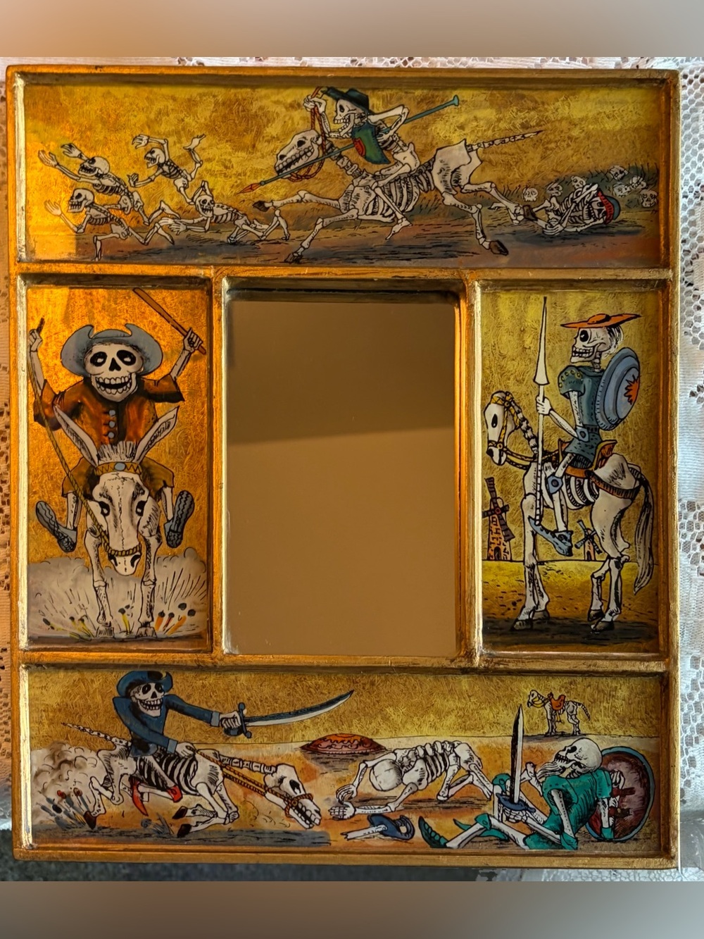 Vintage 70s/80s Handcrafted Reverse-Glass Folk Art Calavera Skeleton Mirror